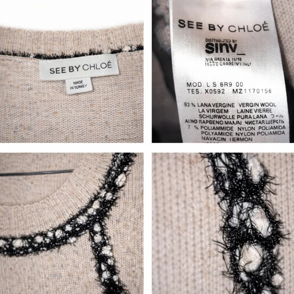 SEE BY CHLOÈ Wool Knit Dress Mini Jumper Pockets Tan Black White Sparkle XS S - Picture 9 of 11